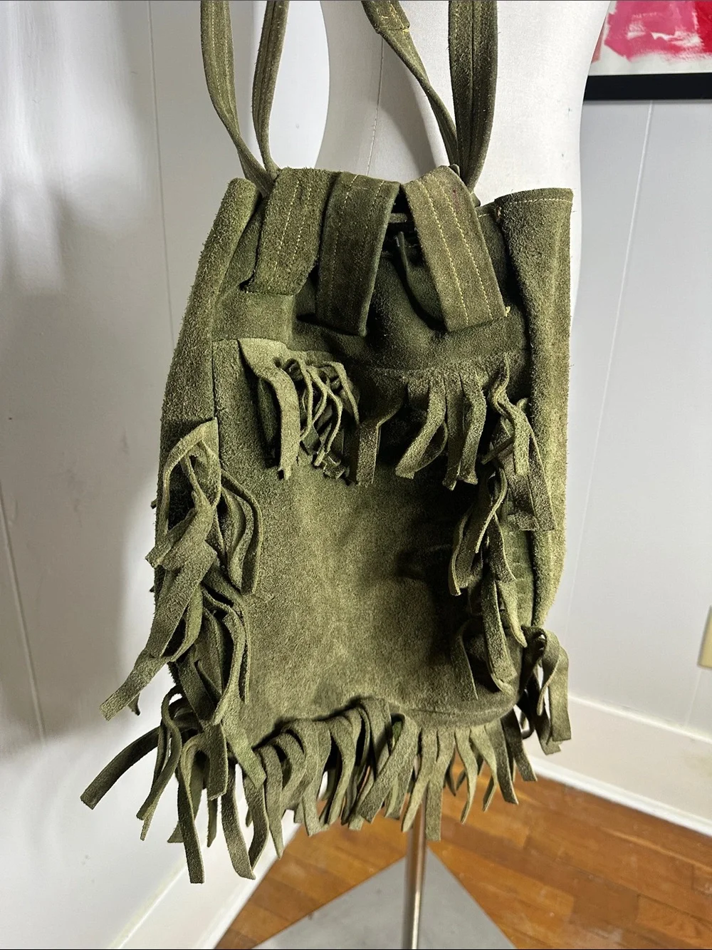 Vintage 70s Genuine Green Suede Hippy Boho Handmade Fringe Bag